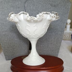 Fenton Milk Glass Silver Crest With Spanish Lace 6 3/4" Footed Compote